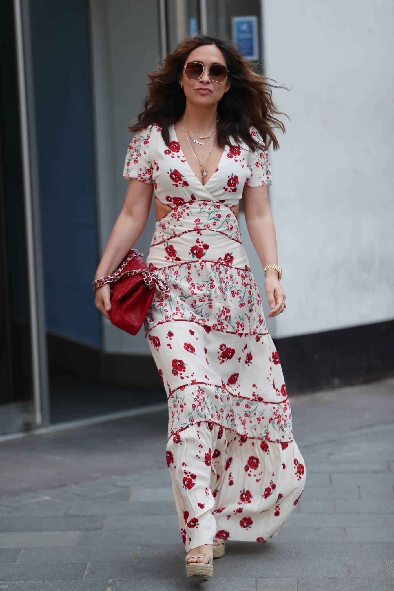 Myleene Klass â€“ Wearing floral dress leaving the Smooth Radio Studios in London
