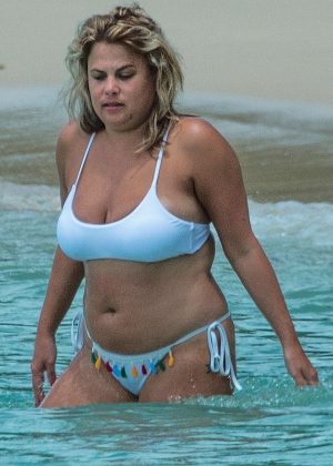 Nadia Essex in White Bikini on the beach in Barbados