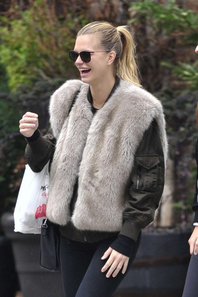 Nadine Leopold in a fur top shopping in New York