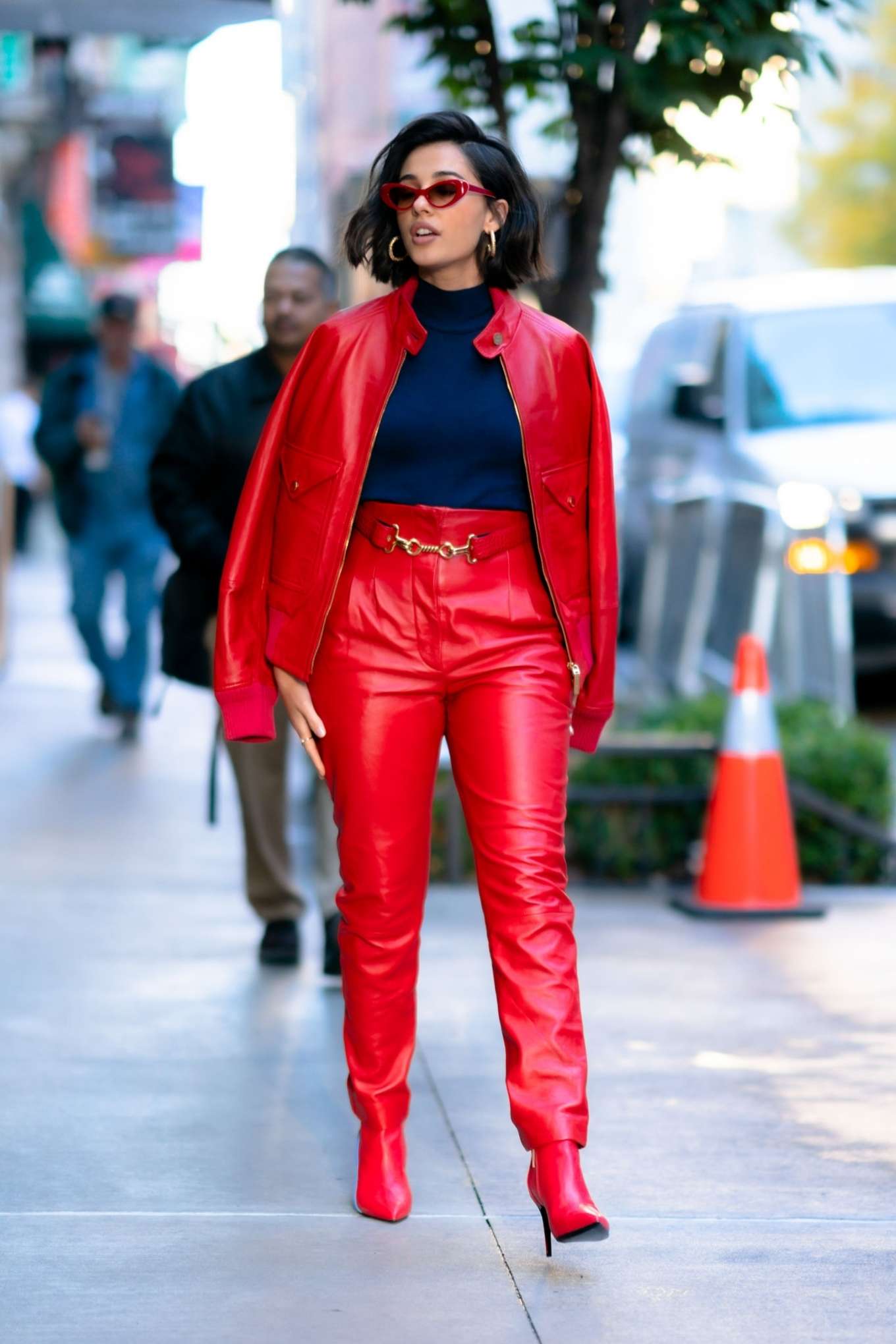 Naomi Scott in Red Leather Suit - Leaves GMA studios in NYC-42 | GotCeleb
