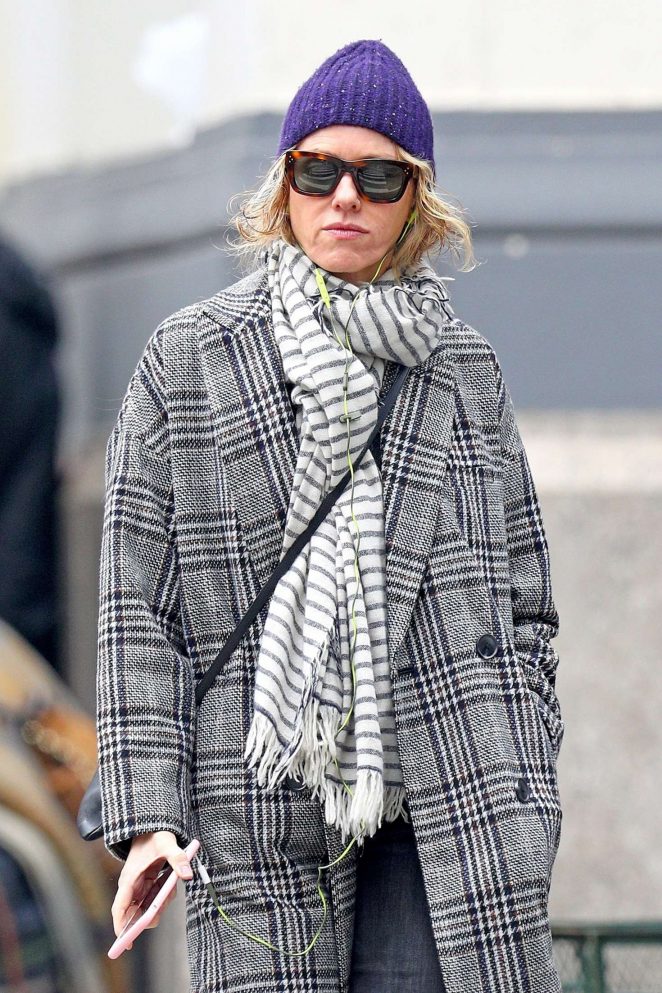Naomi Watts in a plaid trench coat out in New York