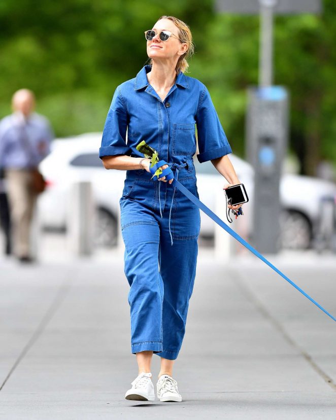 Naomi Watts in Jeans Jumper walking her dog in New York