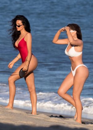 Natalie Halcro and Olivia Pierson in Red and White Bikini on the beach in Malibu