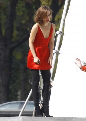 Natalie Portman in Red Mini Dress Filiming a Dior ad in Paris
