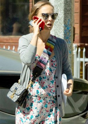 Natalie Portman in Flower Print Jumpsuit - Leaving a business meeting in Silver Lake
