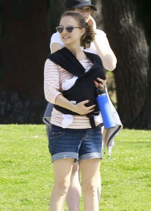 Natalie Portman in Jeans Shorts Out With Baby Amalia in Los Feliz