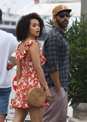Nathalie Emmanuel in Red Mini Dress out in Ischia