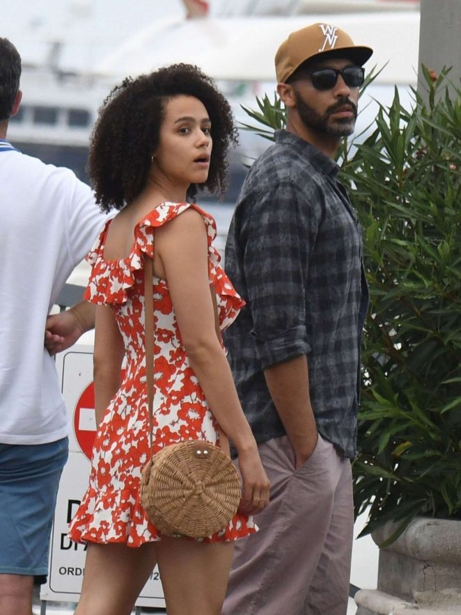 Nathalie Emmanuel in Red Mini Dress out in Ischia