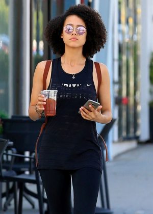 Nathalie Emmanuel in Tights with mother out in Beverly Hills