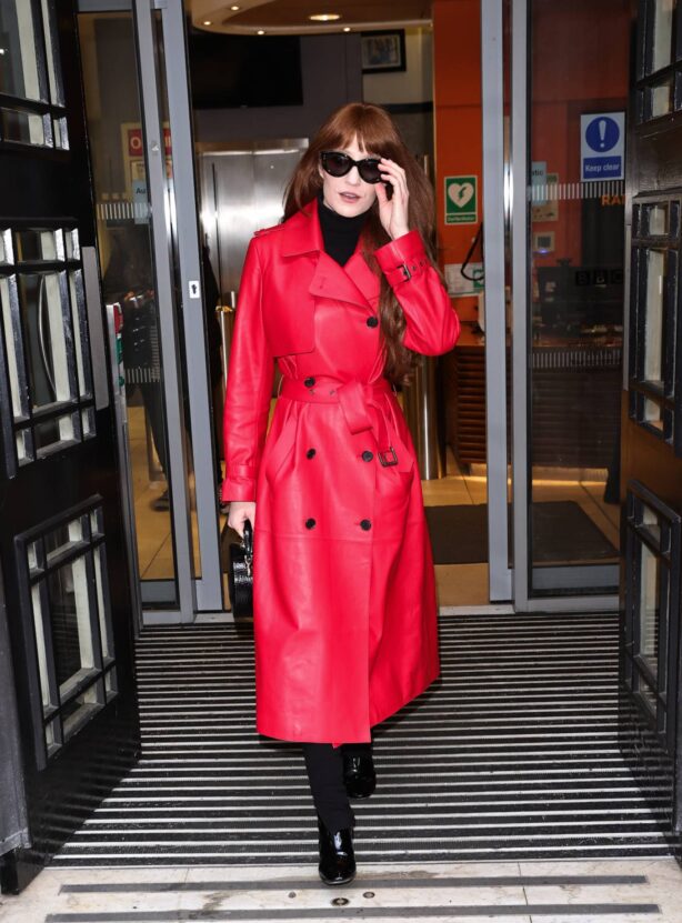 Nicola Roberts - Wearing red leather rain coat at Zoe Ball breakfast show in London
