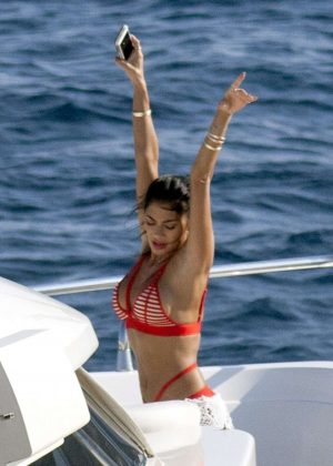 Nicole Scherzinger in Red Bikini on yacht in Mykonos