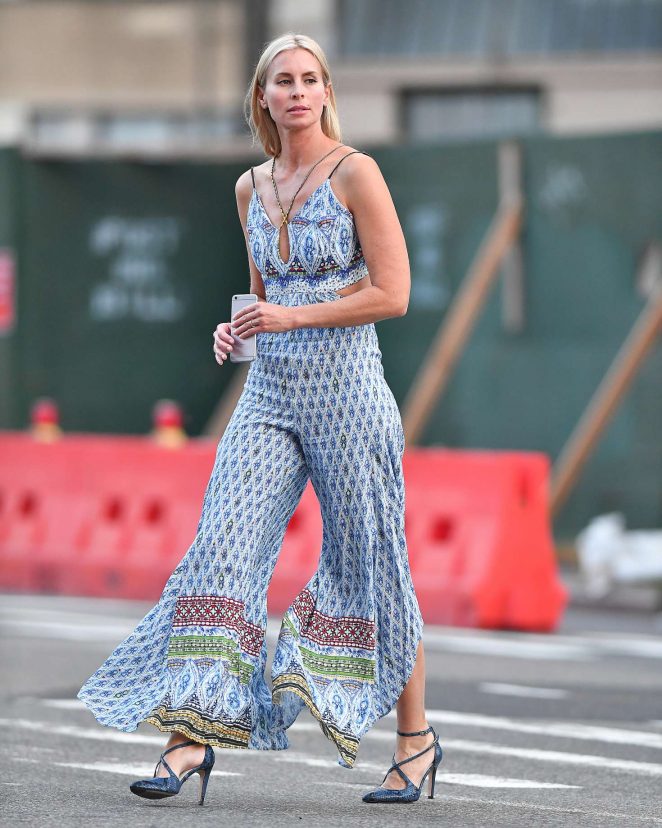 Niki Taylor in a blue patterned dress in New York City