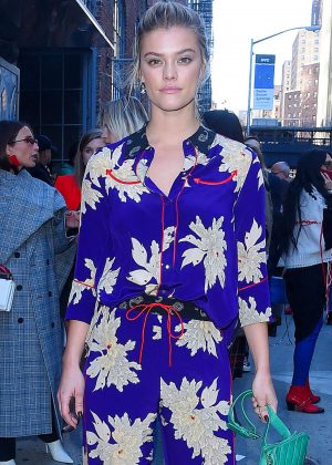 Nina Agdal in Blue Floral Pants Suit out in NY