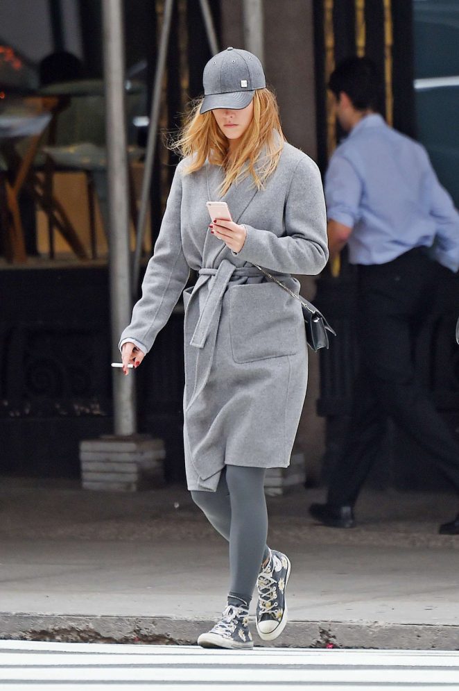 Nina Agdal in Gray Coat out in Manhattan