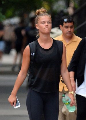 Nina Agdal in Spandex goes for a walk out in New York City