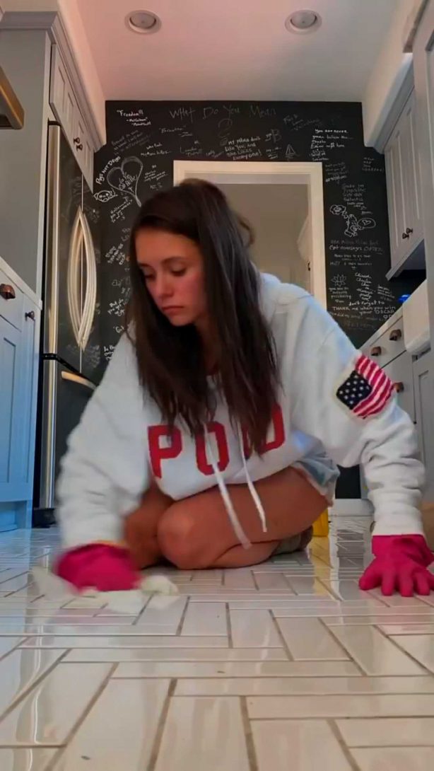 Nina Dobrev Cleaning Her Kitchen - Instagram