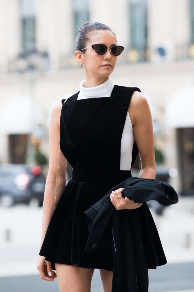 Nina Dobrev in Black Mini Dress - Out and about in Paris