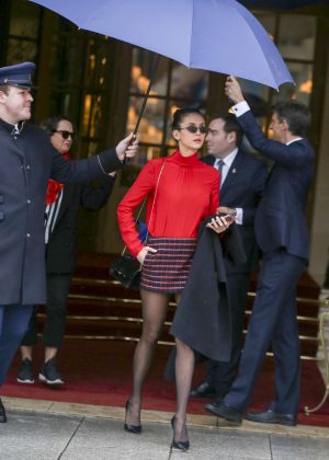 Nina Dobrev in Mini Skirt - Leaving her hotel in Paris