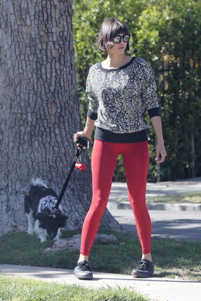 Nina Dobrev in Red Tights - Takes her dog Maverick for a walk in LA