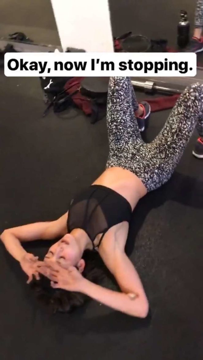 Nina Dobrev in Tights and Sports Bra Workout