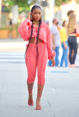 Normani - Out in vibrant pink windbreaker and embossed pants in Los Angeles