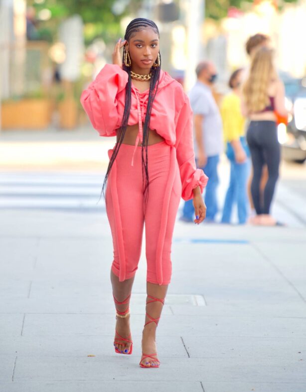 Normani - Out in vibrant pink windbreaker and embossed pants in Los Angeles