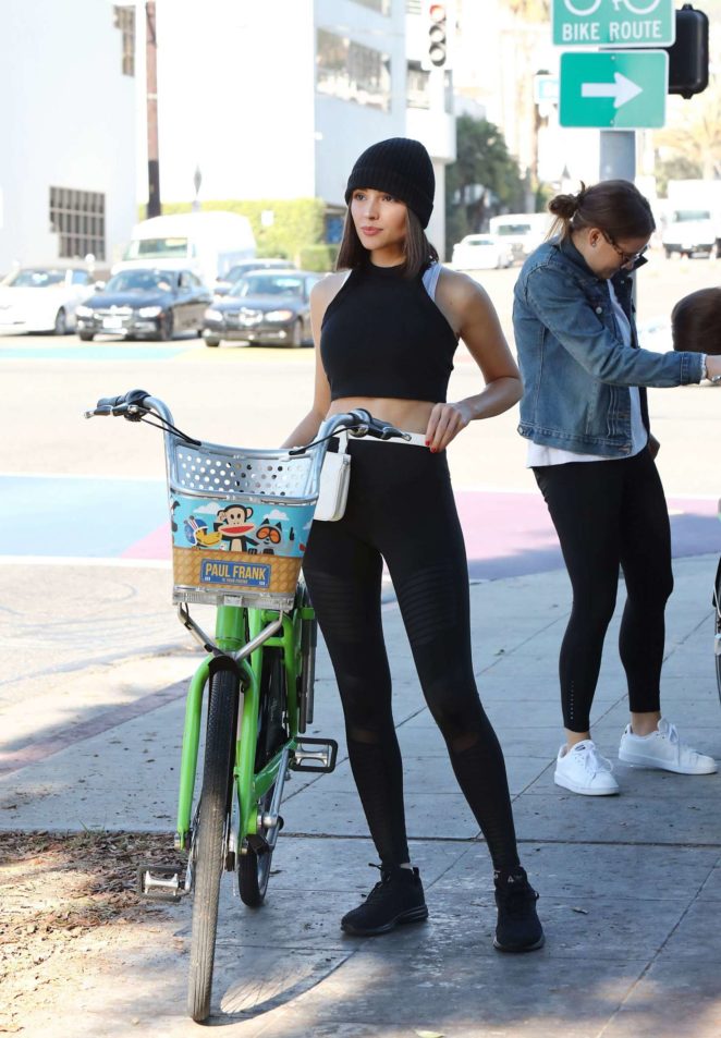 Olivia Culpo hops on the Paul Frank WeHo Pedals Bike Share Program in LA
