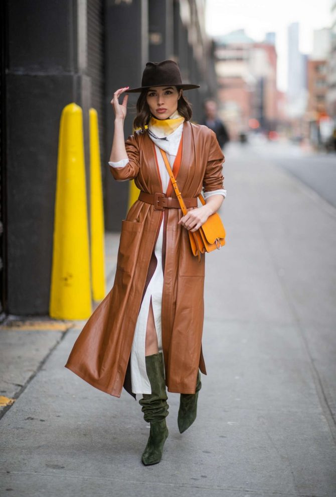 Olivia Culpo in Brown Leather Coat - Out in New York
