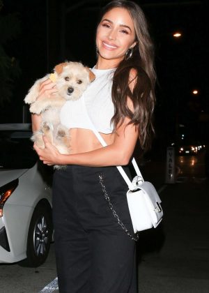 Olivia Culpo with her dog at Gracias Madre in West Hollywood
