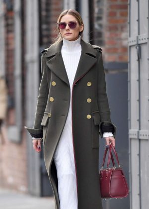 Olivia Palermo in a green coat out in Brooklyn