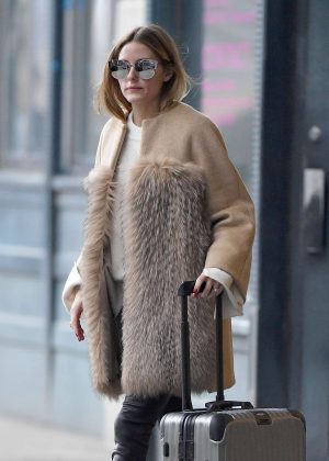 Olivia Palermo in Beige Fur Coat out in Brooklyn