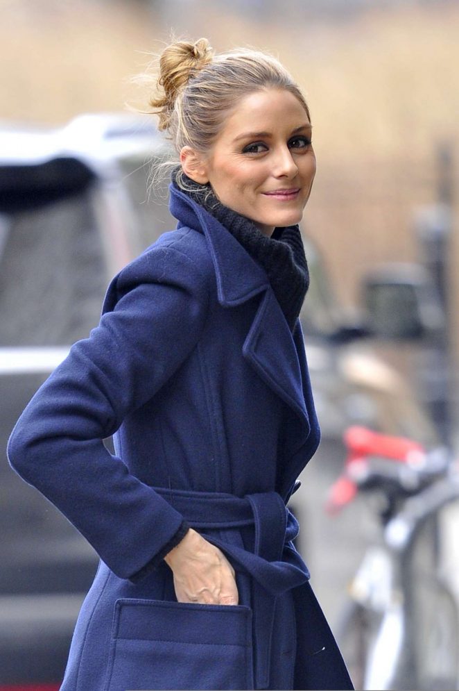 Olivia Palermo in Blue wool coat out in New York City