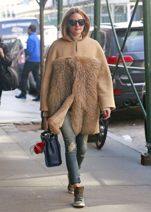 Olivia Palermo in fur coat and ripped Jeans in New York City | GotCeleb