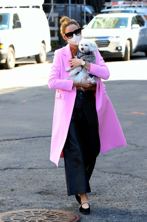 Olivia Palermo - In pink coat as she takes her dog Mr Butler out for a walk in Brooklyn