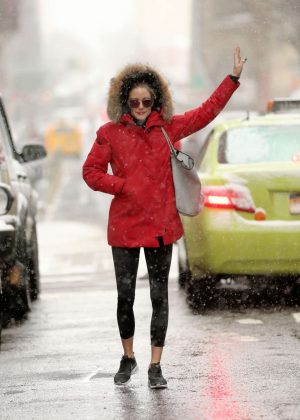 Olivia Palermo in Red Jacket Hailing a Cab in New York