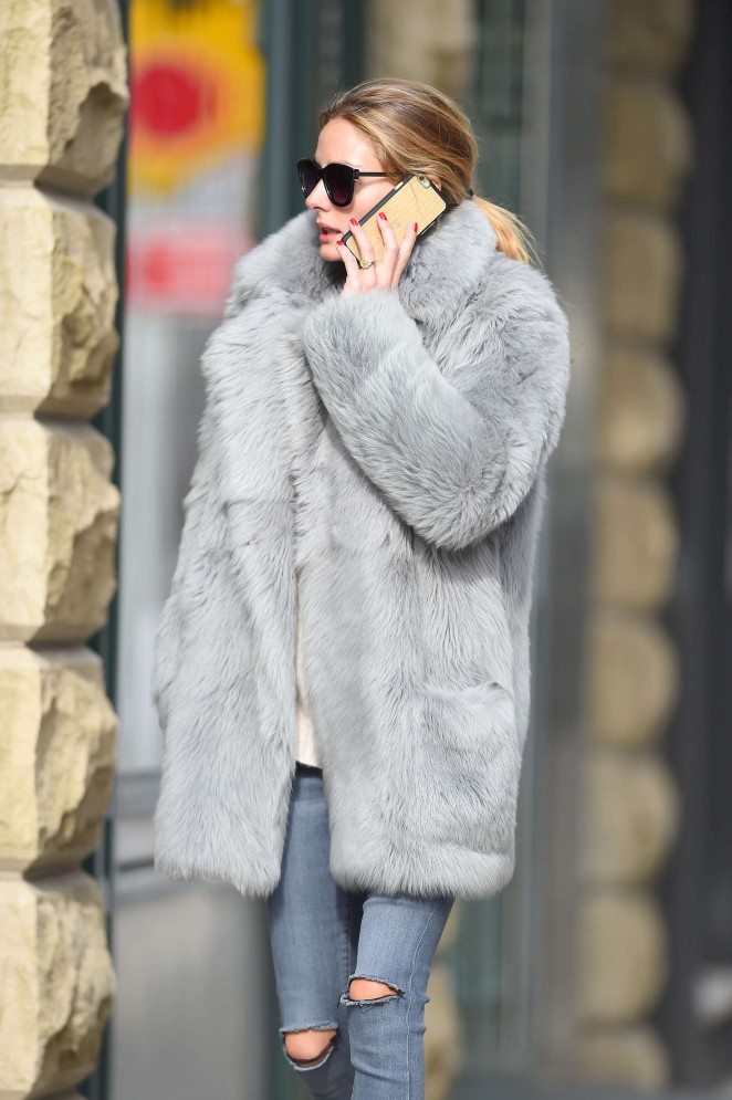 Olivia Palermo Wearing a grey fur coat in Brooklyn