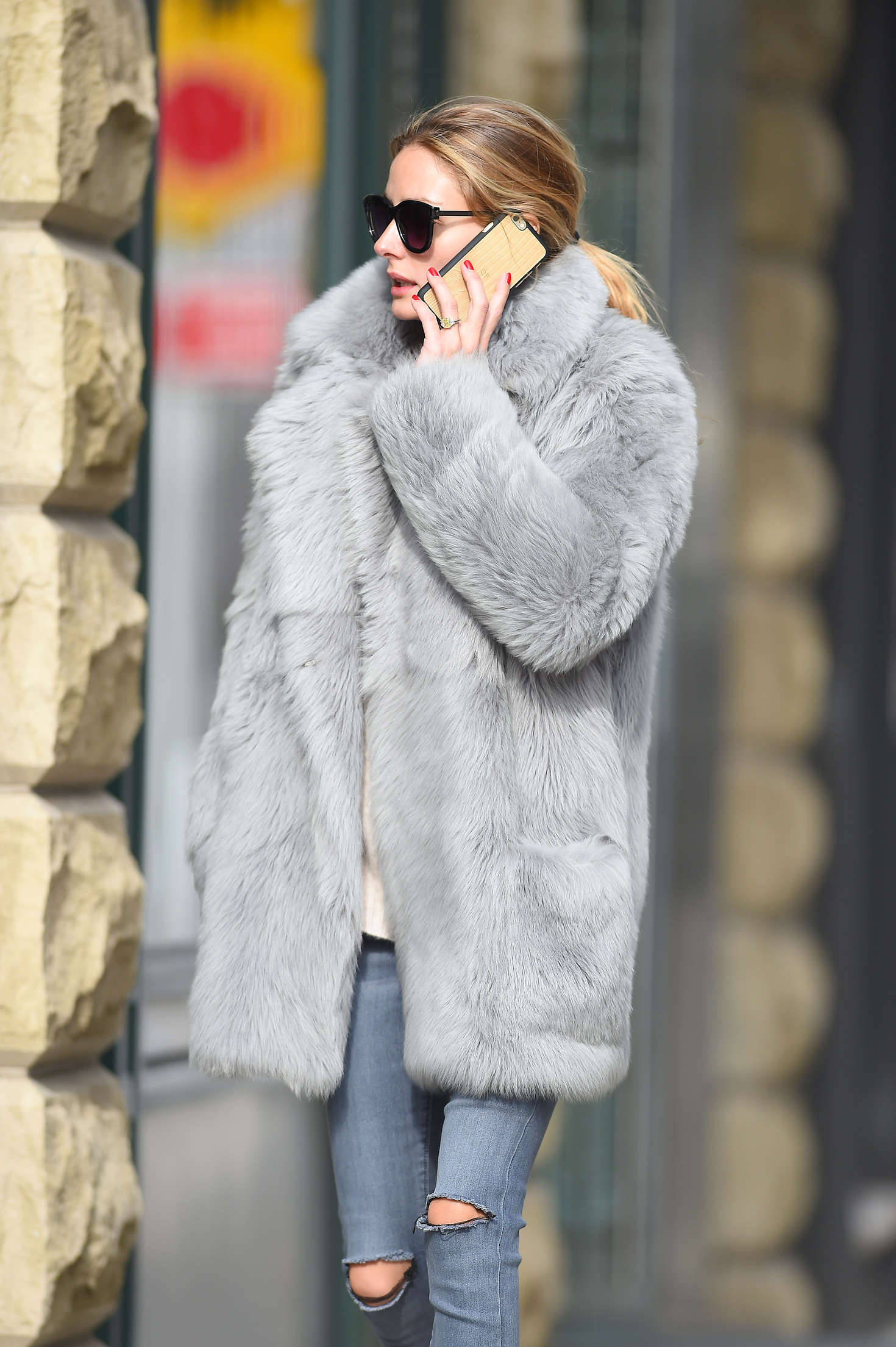 Olivia Palermo Wearing a grey fur coat in Brooklyn | GotCeleb