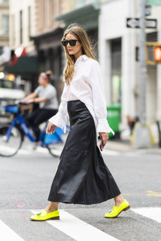 Olivia Palermo - Wearing a long black leather skirt while out in NY