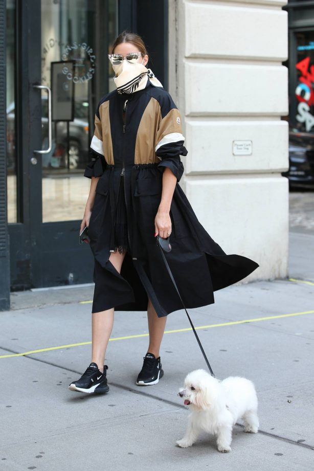 Olivia Palermo - Wearing a Two-tone Moncler Dress and Matching Scarf With Her Dog in NYC