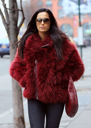 Padma Lakshmi in red fur coat out in NYC
