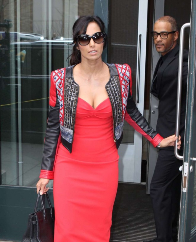 Padma Lakshmi in Red Tight Dress Leaves her Apartment in NY