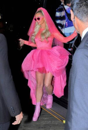 Paris Hilton - In neon pink bridal outfit at wedding after party at the Santa Monica Pier