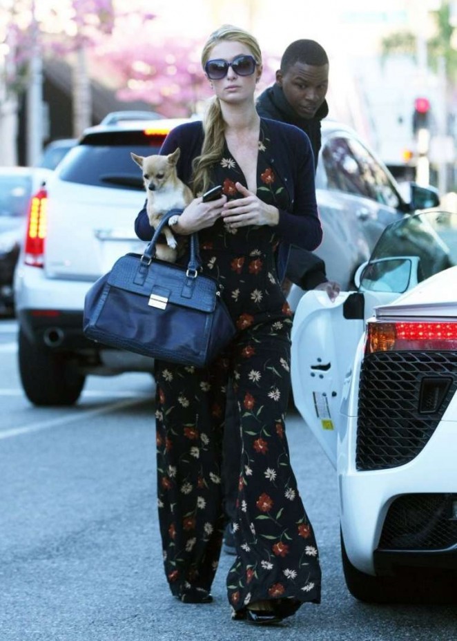 Paris Hilton in Floral Jumpsuit out Beverly Hills