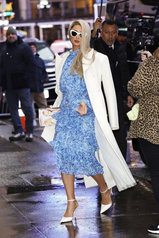 Paris Hilton - Wears a baby blue floral dress in New York