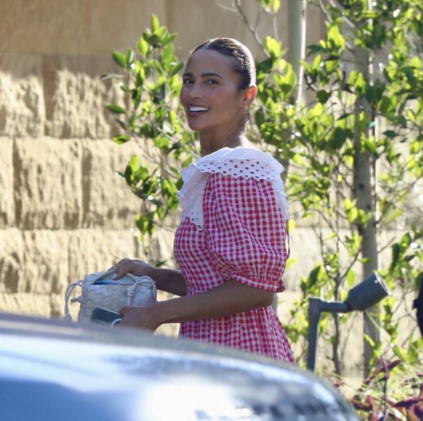 Paula Patton - In a red summer dress seen while going to Soho house in Malibu