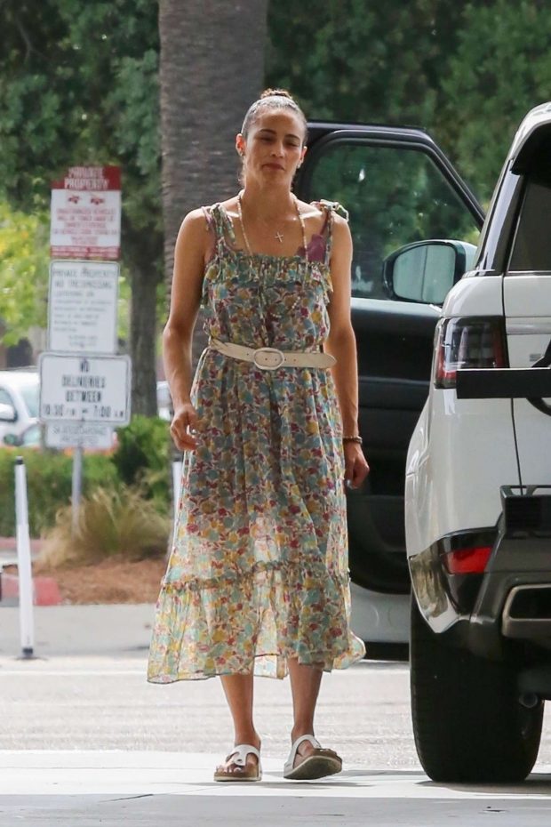 Paula Patton in Floral Summer Dress at a gas station in Malibu