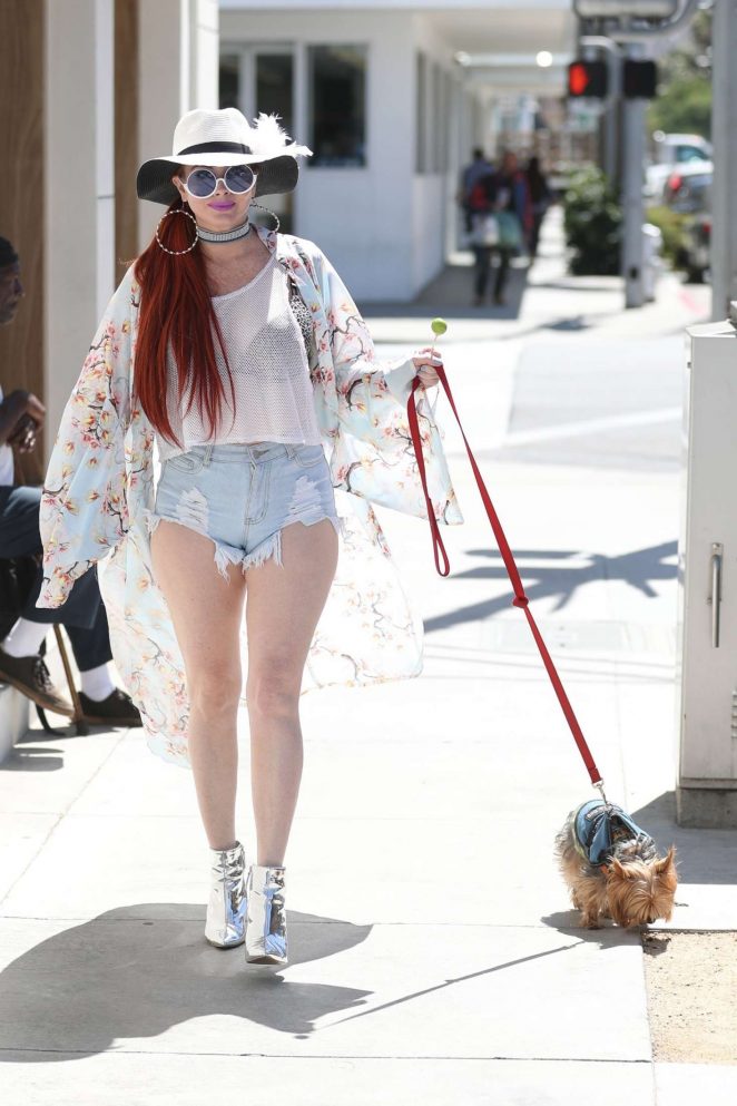 Phoebe Price in Shorts with her dog in Beverly Hills