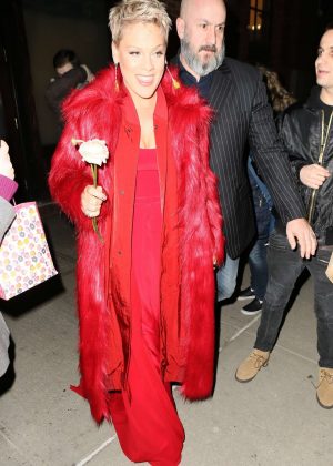 Pink in Red Dress - Leaving her hotel in New York