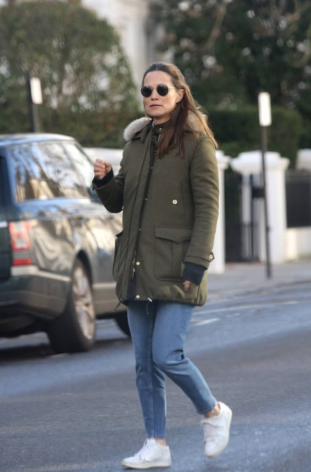 Pippa Middleton - In a military green coat as she goes for a stroll in Chelsea