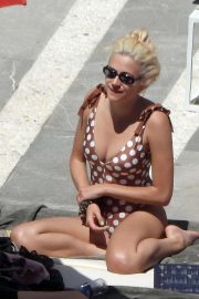Pixie Lott in Polka Dot Swimsuit at a pool in Ibiza